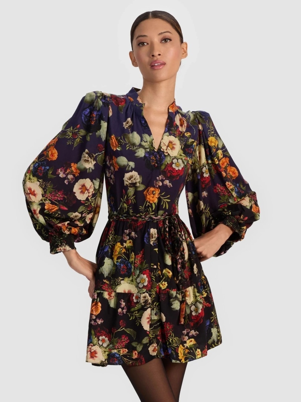 Nwt ALICE and OLIVIA Women’s Floral Puff-Sleeve Mini Dress - Black Floral